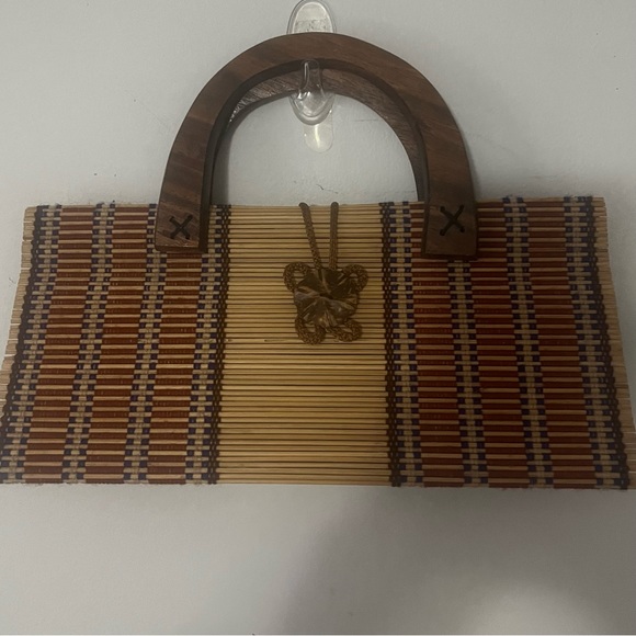 Vintage Collapsible Bamboo Handbag Slatted Double Wooden Handle Rectangle Purse - Picture 2 of 16